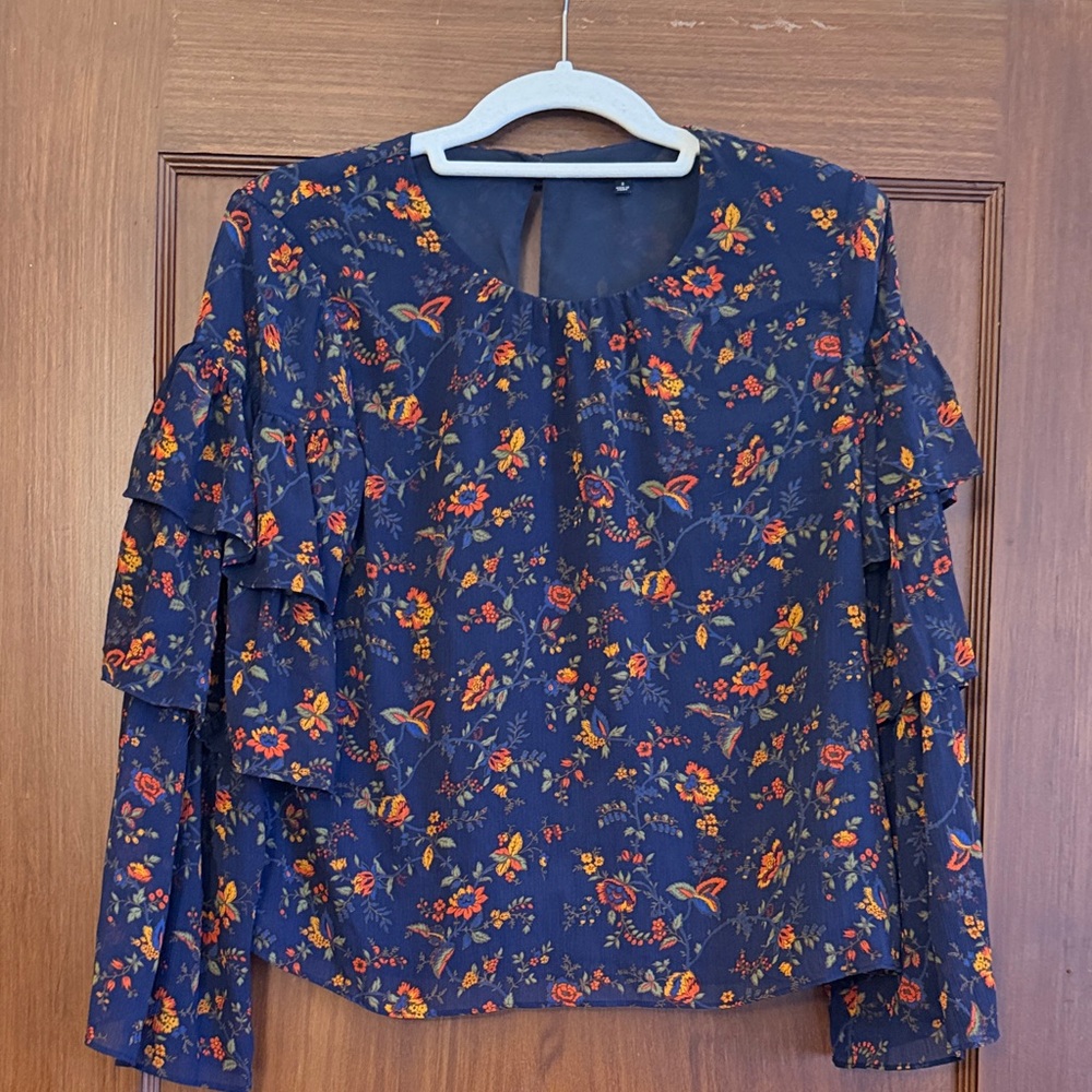 Madewell Navy Floral Ruffle Blouse
